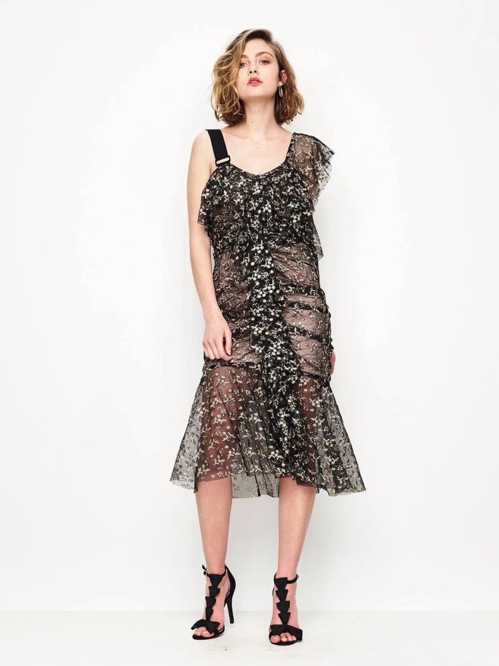 Floral One-Shoulder Ruffle Midi Dress in Black and Cream